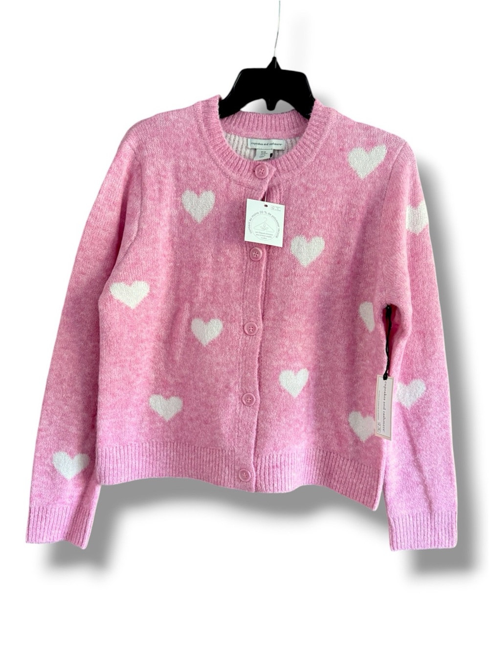 Cupcakes & Cashmere Pink Heart Pattern Button-Front Women's Sweater